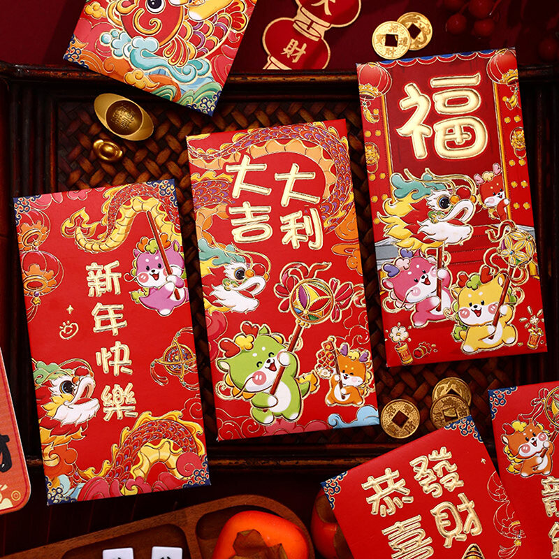 6 шт. китайский новогодний конверт на удачу, красный конверт с драконом, карман для денег с драконом на 2024 год, традиционный подарок с украшением на лунный год