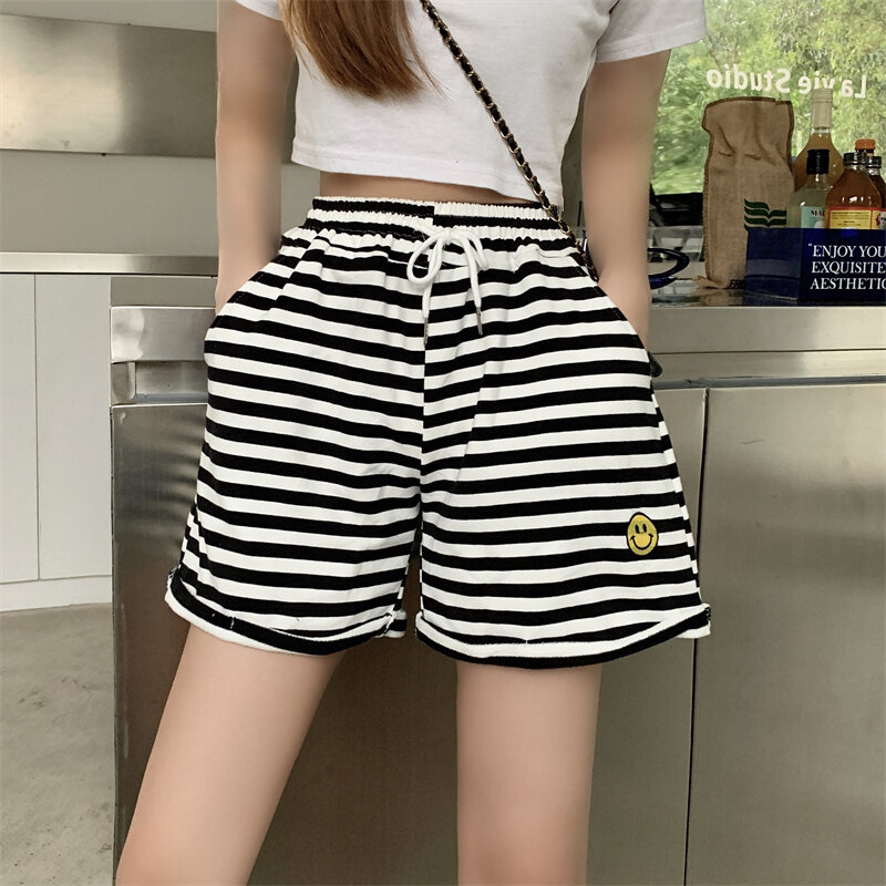 Korean Summer Stripe Shorts Women Casual Black All Match Wide Leg Pants