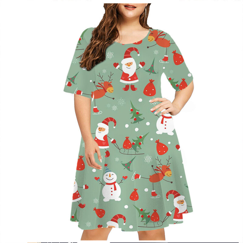 Robe de soirée de Noël à manches courtes pour femmes, robe d'été décontractée, imprimé père Noël, robe trapèze, grande taille, mode, 2023