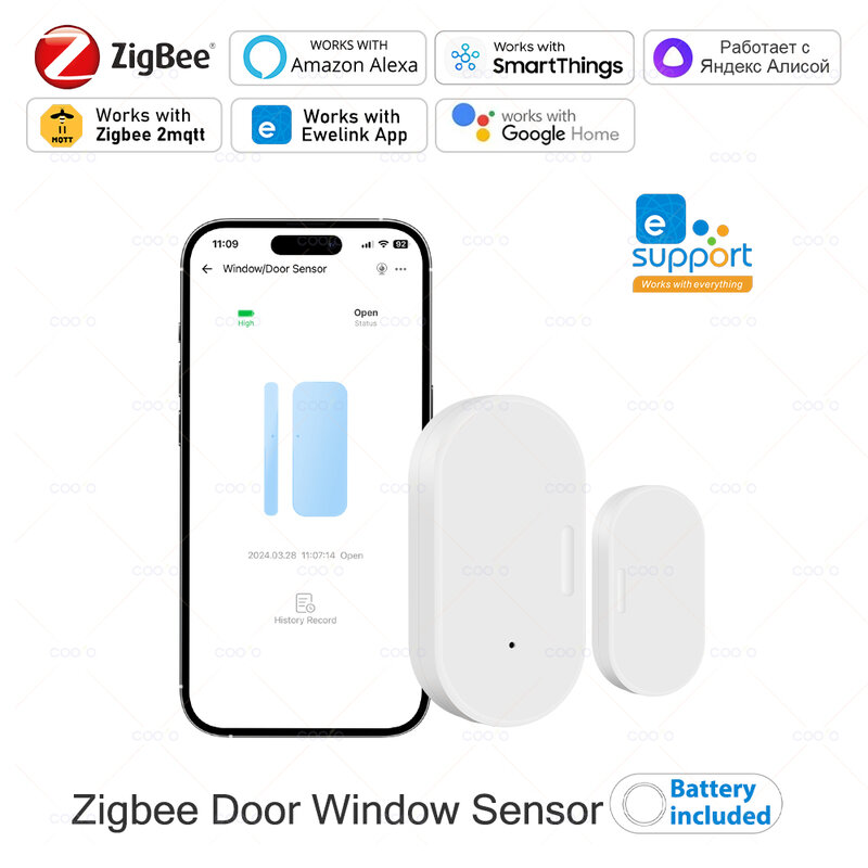 Ewelink-Sensor de puerta Zigbee inalámbrico, Detector magnético de alarma abierta y cerrada, funciona con Zigbee2MQTT, Alexa, Google Need Gateway
