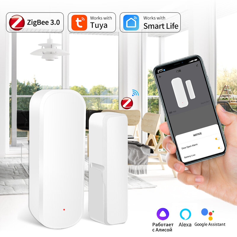 Tuya-ZigBee Sensor de Portas e Janelas WiFi, Detector de Segurança Doméstica, Sistema de Alarme de Proteção, Smart Life Control, Funciona com Alexa e Google
