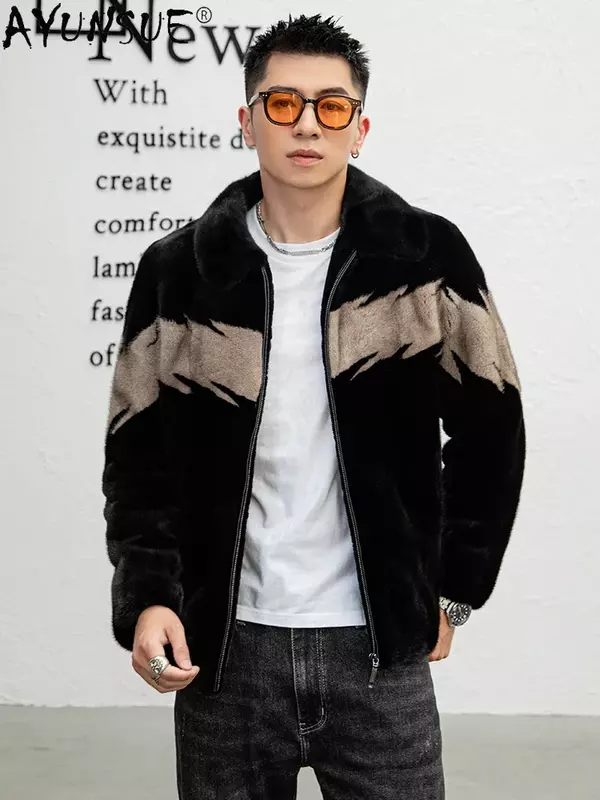 AYUNSUE-Casaco de pele de vison masculino, jaqueta de pele real, gola virada para baixo, moda natural, qualidade superior, inverno