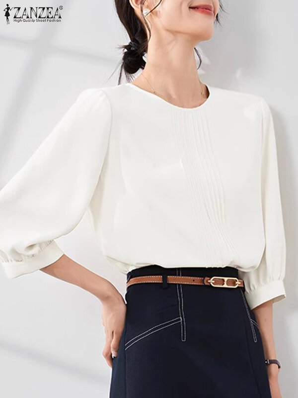 Zanzea Mode Frauen Falten Hemden koreanische Büro Dame Bluse lässig solide Rundhals-Tops Tunika 2024 Sommer einfache Basic Blusa