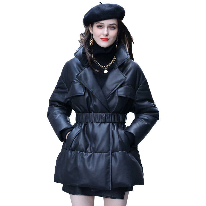 Модная кожаная куртка, женская одежда, женский тонкий черный пуховик с поясом в Корейском стиле, куртка из натуральной овечьей кожи, Casaco Feminino Zm