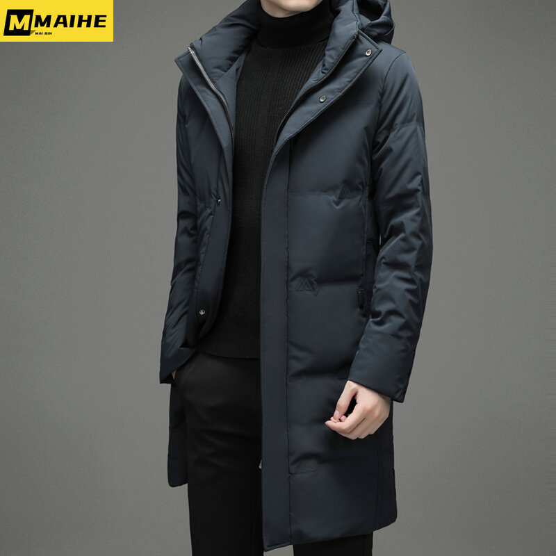 Mantel panjang bertudung untuk pria, mantel hangat bertudung tahan dingin bermerek mewah ringan musim dingin 2024 untuk pria