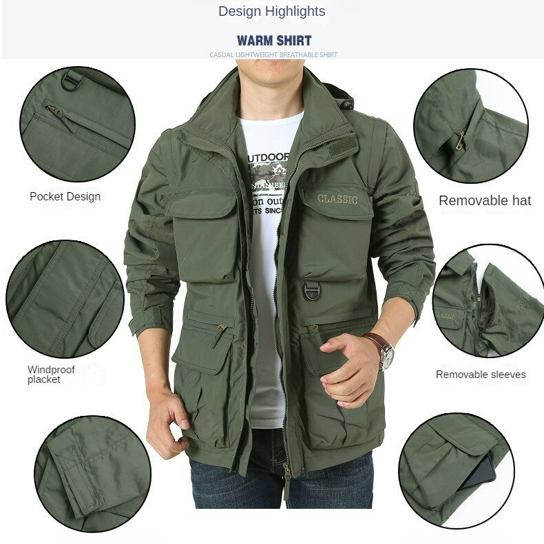 Blusão multi bolso masculino, jaqueta de manga destacável, design do chapéu, viagem ao ar livre, grande, cor sólida, novo, outono