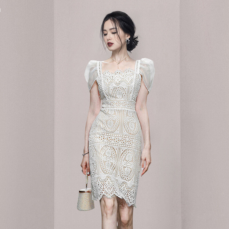 2024 French high-end dress new Australian design positioning printing mouth stand collar A-line temperament dress shor