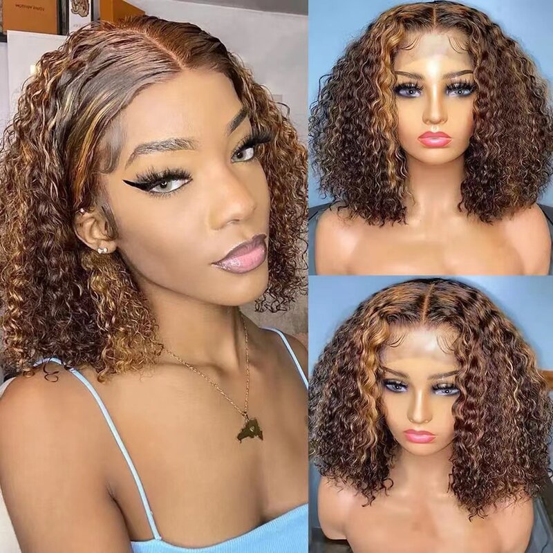 Short Curly Piano Color Hair Frontal Lace Wig Women's Front Lace African Small Curly Wig Set with Lace Synthetic Human Hair