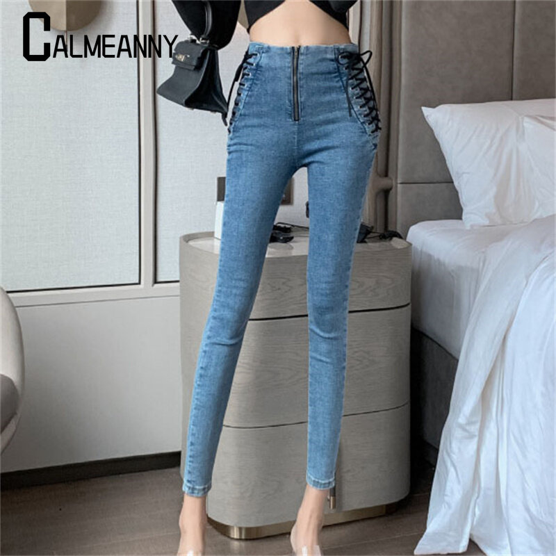 Calça jeans feminina de cintura alta rasgada, calça jeans elástica, nova moda, primavera, outono, 2023