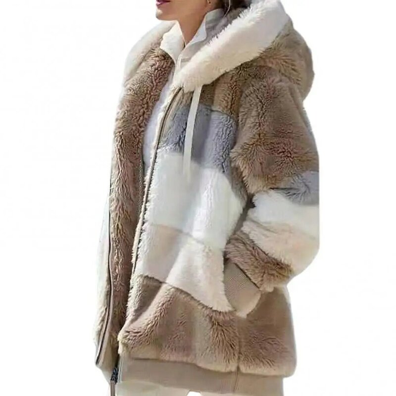 Parkas de forro polar para mujer, abrigo cálido de manga larga con cremallera de bloque de Color, chaqueta con capucha para Otoño e Invierno