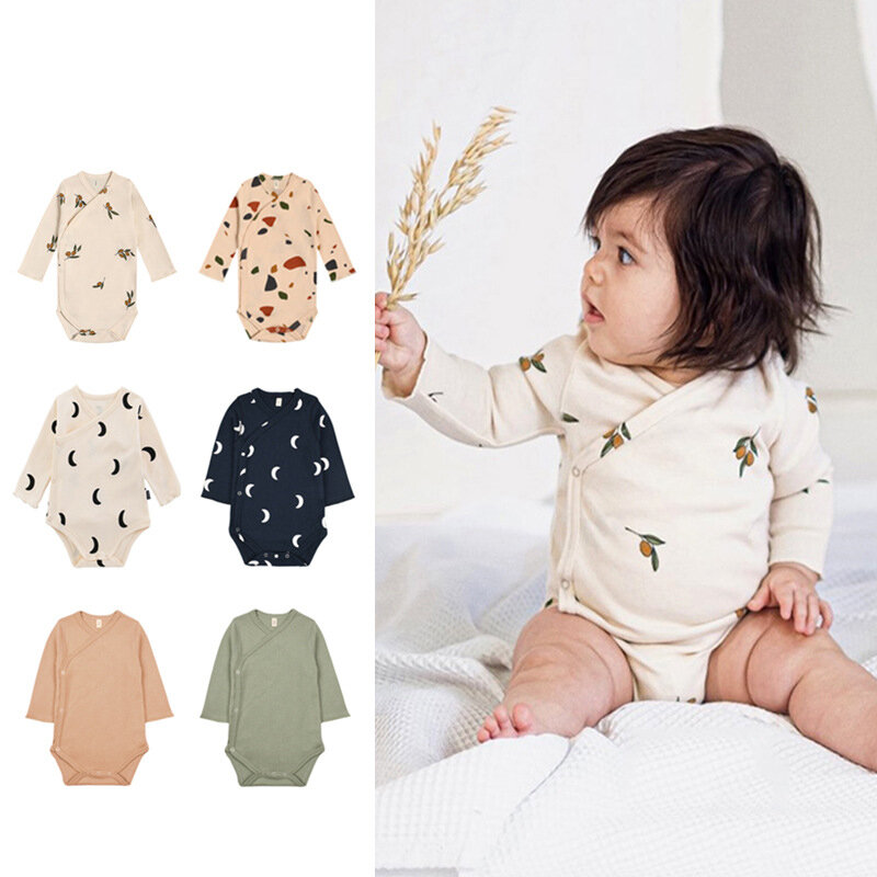 Macacão de algodão estampado manga comprida, macacão de bebê recém-nascido, pijama masculino e feminino, macacão primavera e outono
