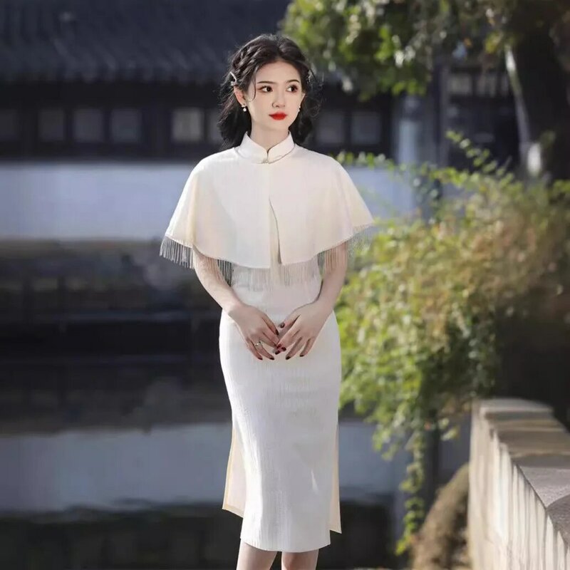 Vintage Chinese Stijl Slanke Qipao Met Cape Sexy Vrouwen Kant Trouwjurk Vintage Classic Meisjes Dagelijkse Cheongsam Vestidos
