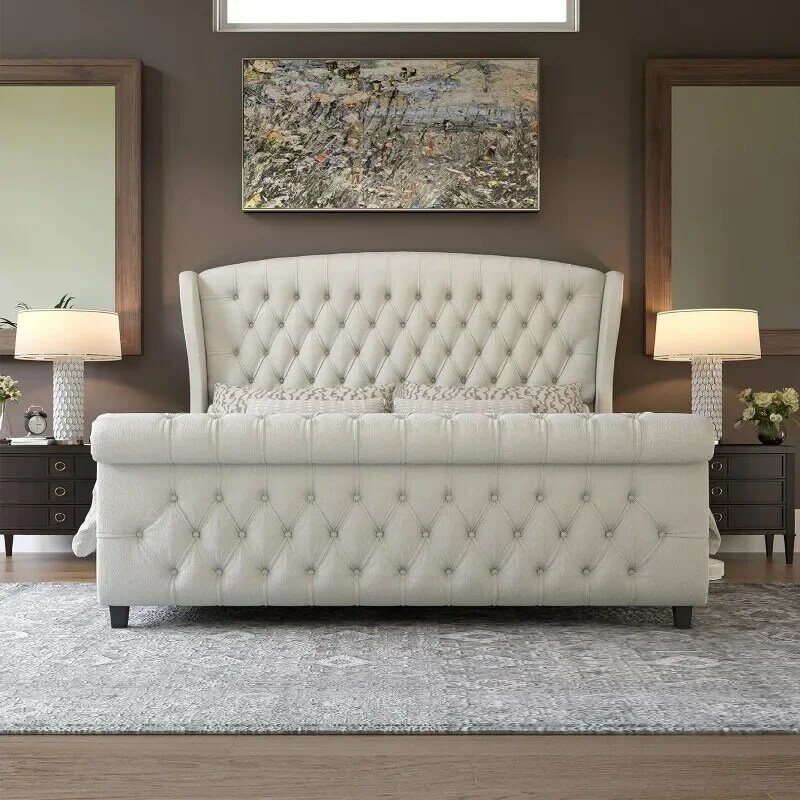 Queen Size Platform Bed Frame, Chenille Upholstered Sleigh Bed with Scroll Wingback Headboard & Footboard/Button Tufted