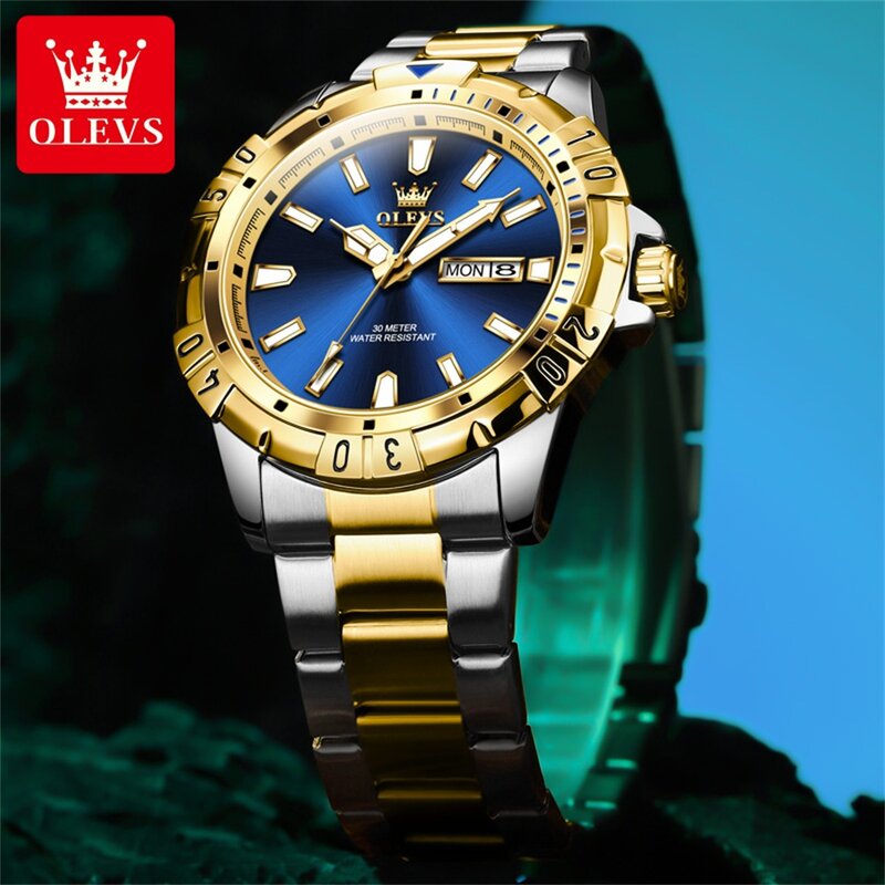 OLEVS-reloj analógico de acero inoxidable para hombre, accesorio de pulsera de cuarzo resistente al agua con calendario, complemento deportivo Masculino de marca de lujo con esfera luminosa, color azul