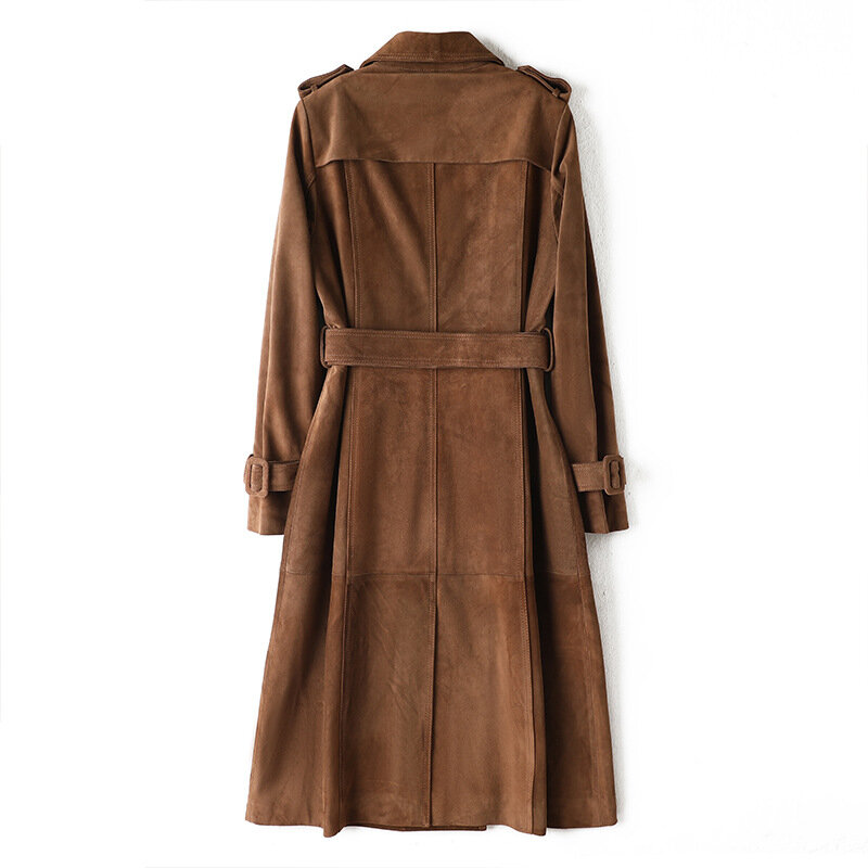 2023 Women Long Classic Real Cow Suede Coat Genuine Cowhide Top Layer Leather Trench E50