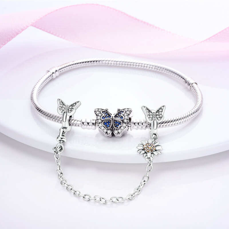 100% 925 srebrna iskrząca motyl kwiatowe koraliki urok na oryginalny Pandora bransoletka Diy Boutique tworzenia biżuterii
