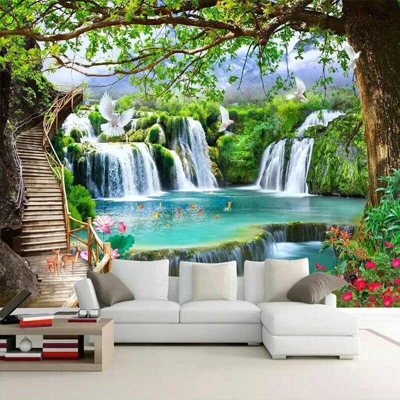 Pintura De pared De paisaje natural De cascada De árbol grande verde, papel tapiz fotográfico 3D personalizado para sala De estar, Fondo De TV, Mural De pared