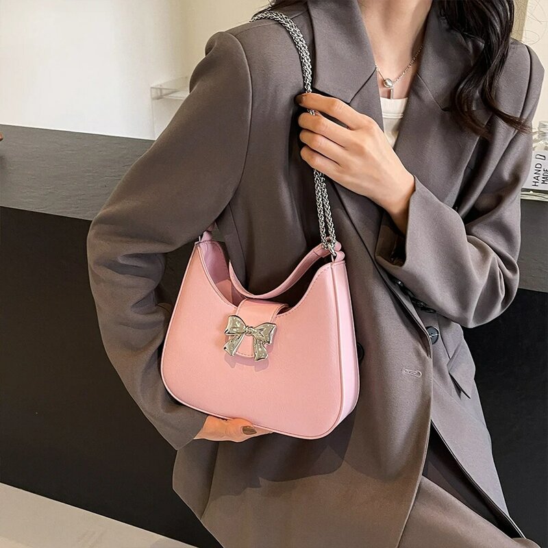Маленькая Серебристая сумочка из искусственной кожи для женщин, универсальная мини-сумка на плечо, Женская Новая корейская модная дизайнерская сумка через плечо с бантом, 2024