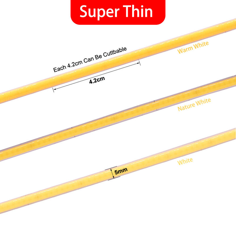 Super Tipis 5Mm COB LED Strip 384LEDs/M Lembut Fleksibel DC12V/24V Bar Cahaya Hangat Dingin Putih untuk Dekorasi Pencahayaan 3000K 4000K 6000K