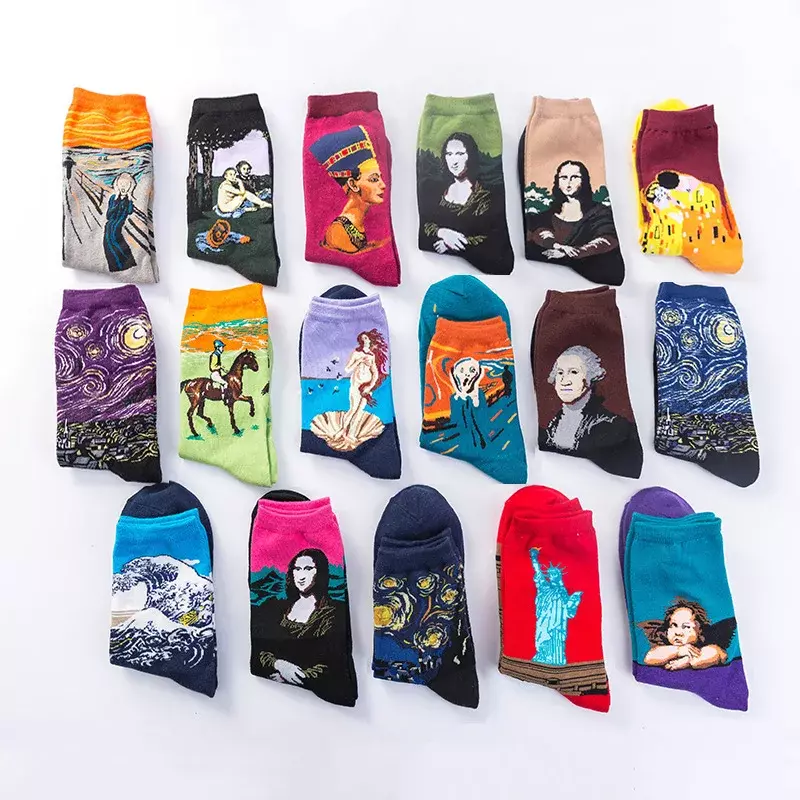 Calcetines divertidos Vintage para mujer, Mona Lisa, calcetines creativos para mujer, feliz cielo estrellado, calcetería japonesa Harajuku, Van Gogh, nueva moda 2024