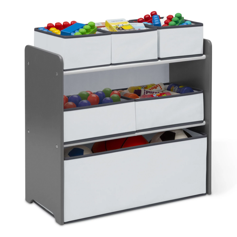 Children 4-Piece Toddler Playroom Set – Includes Play Table with Dry Erase Tabletop and 6 Bin Toy Organizer, Grey/White