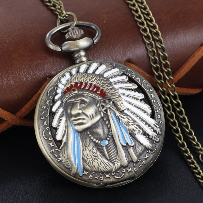 Caza Tribe Chieftain Head Figure reloj de bolsillo Steam Punk COLLAR COLGANTE cadena reloj hombres mujeres niños Fob reloj regalo