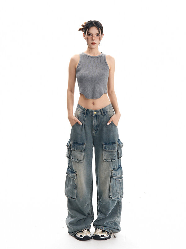 Vintage Baggy Jeans Women Fashion Multiple Pockets Denim Cargo Pants 2024 New Streetwear Causal Wide Leg Trousers