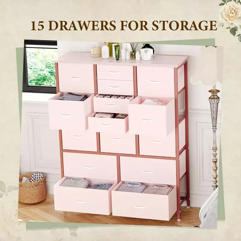 Dresser for Bedroom With 15 Drawers Organizer Units for Clothing Closet Deep Fabric Dresser Storage Tower Vanity Desk Pink