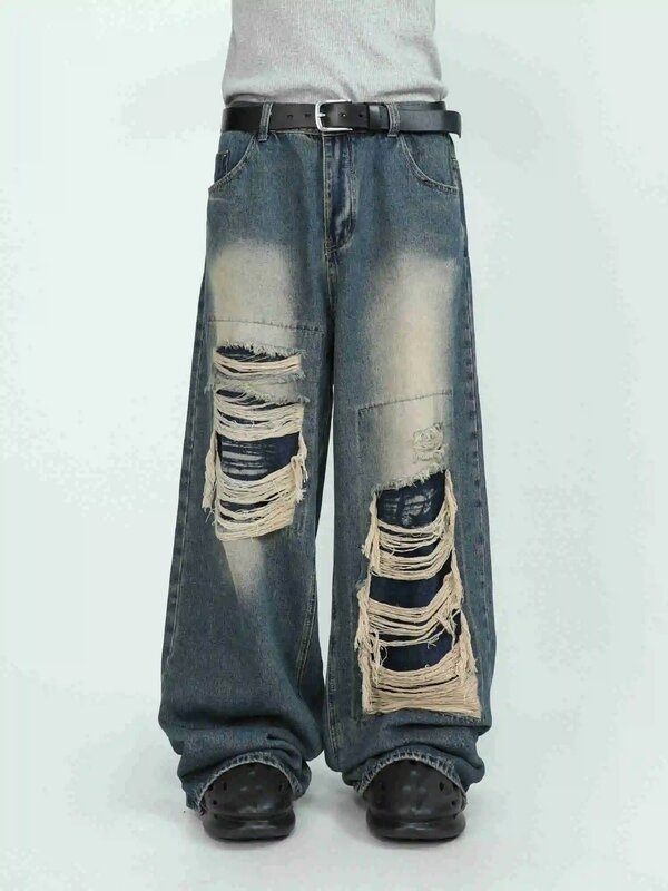 Mrnear-pantalones de mezclilla perforados de gama alta para hombres, sentido de diseño, pantalones de pierna recta de pierna ancha pequeños y sueltos, hip hop, 2023