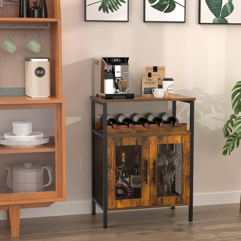 Gabinete de estante de Bar de vino con estante de vino desmontable, gabinete de barra de café con soporte de vidrio, aparador pequeño y gabinete de Buffet
