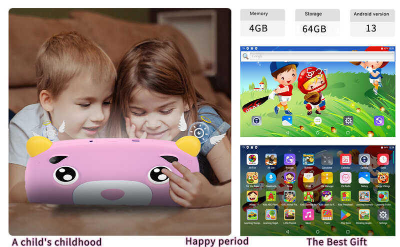 Tablet Android 13 anak-anak, Tablet PC mini ROM 64GB RAM 4GB Quad core Android 13 layar 2024 inci kartun GWIFI baru 4000mAh
