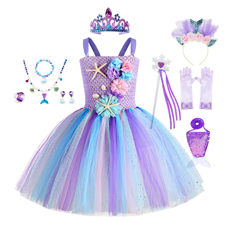 Gaun Tutu putri duyung anak perempuan, kostum karnaval pesta ulang tahun dengan ikat kepala bunga, gaun Halloween laut 1-12 tahun