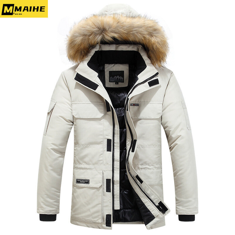 Jaqueta de pato branco para homens, casaco com capuz à prova de vento, bolso múltiplo, mantenha quente, gola de pele, parkas de 30 graus, inverno