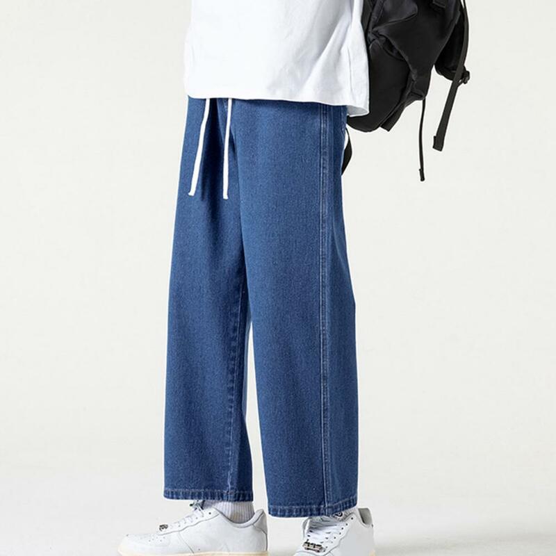 Loose Fit Trousers Drawstring Waist Jeans Retro Wide Leg Men's Jeans with Drawstring Elastic Waist Soft for Comfortable
