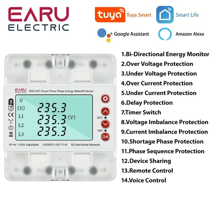 3 Phase 380V 100A Tuya WiFi Smart Bi-Directional Energy Power kWh Meter Over Under Voltage Protector Relay Switch Current Limit