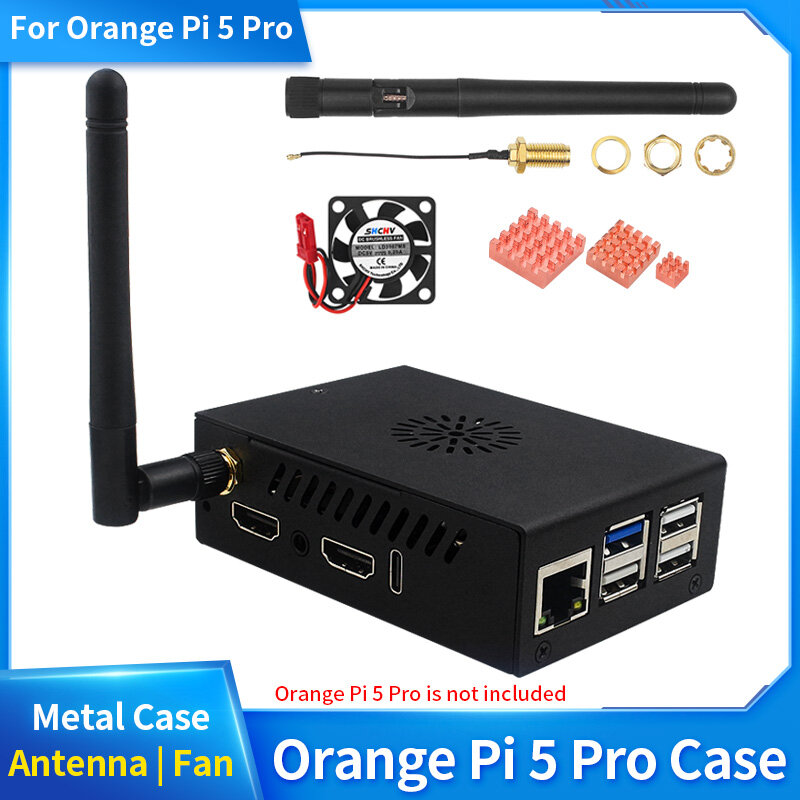 Pomarańczowa metalowa obudowa Pi 5 Pro z aktywnym pasywnym chłodzeniem wentylatora opcjonalna miedziana antena do pomarańczowego Mini PC Pi 5 Pro