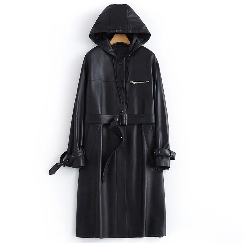 Longo casaco de couro para mulheres, impermeável capa de chuva PU com capuz, cinto de manga comprida, preto, primavera, outono, 2024
