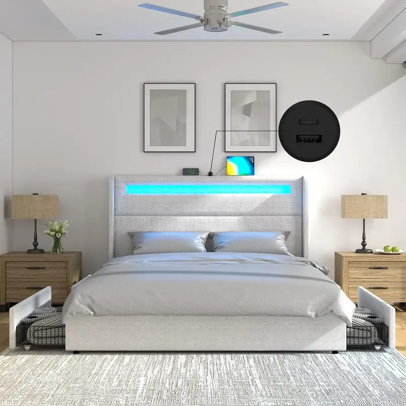 Rama łóżka LED Full/Queen/King z zagłówkiem Wingback i 4 szuflady do przechowywania, łóżko z pełnymi bokami tapicerowane z portami USB i USB-C