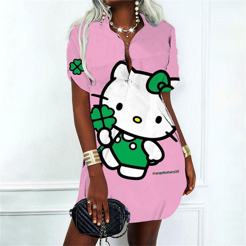 Olá Kitty desenho animado polo camisa vestido para mulheres, roupas femininas, vestidos de festa, streetwear, roupas de verão, linda moda, 2024
