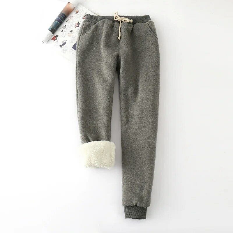 Зимние плотные брюки из овечьей шкуры с эластичным поясом, свободные однотонные хлопковые шаровары, женские повседневные теплые брюки