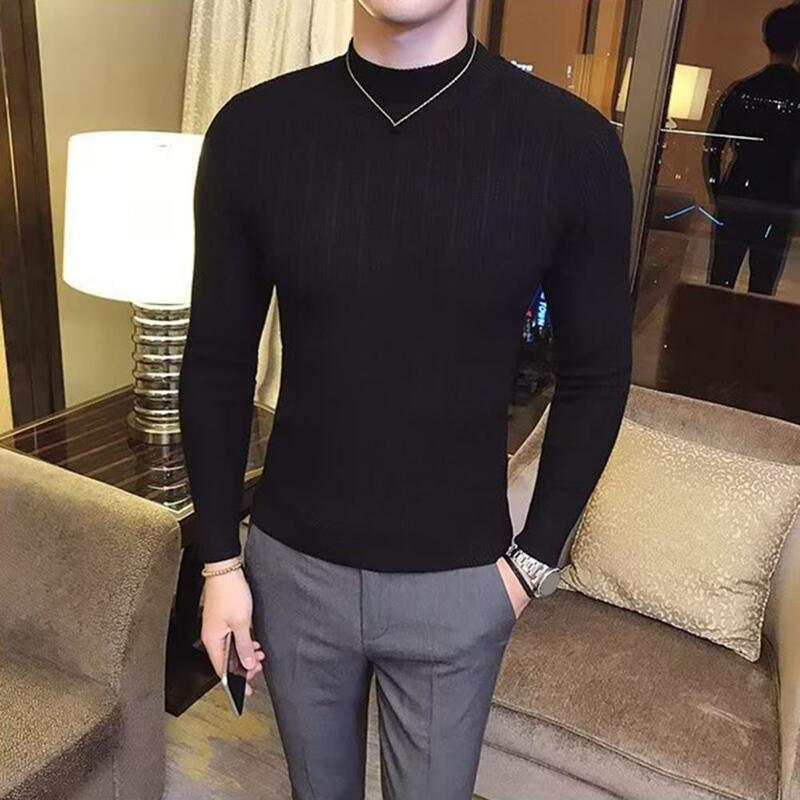 Warm Sweater Versatile Men's Knitted Sweater Soft Elastic Stylish Pullover for Fall Winter with Half-high Collar Solid Color