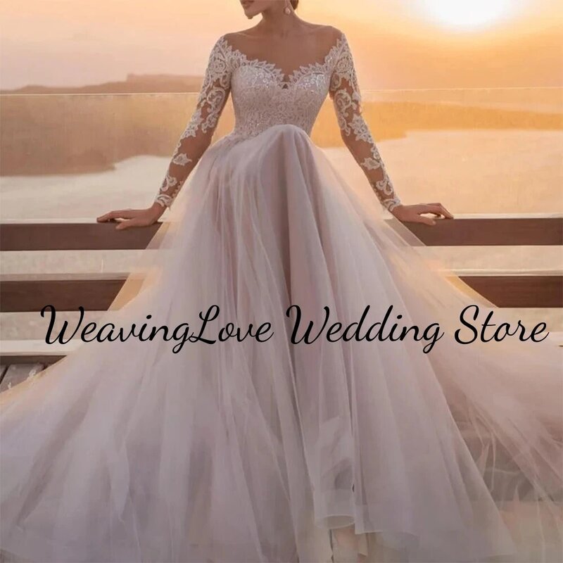 Boho Long Sleeve Lace Appliques Wedding Dresses A Line Sweep Train Bridal Gown Backless With Button  Vestido De Noiva  Casamento