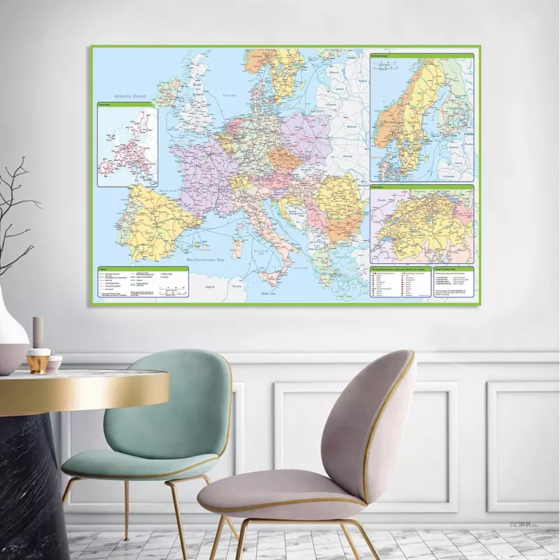 Póster de pared con mapa de ruta política y de tráfico de Europa, lienzo no tejido, pintura, suministros escolares, decoración del hogar para aula, 225x150cm