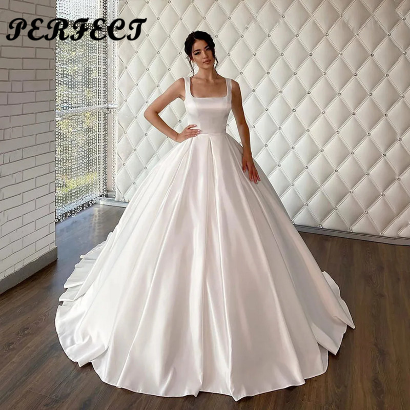 Idealne proste suknie ślubne z kwadratowym dekoltem bez rękawów sznurowana suknia ślubna dla kobiet vestidos novia 2024 na zamówienie