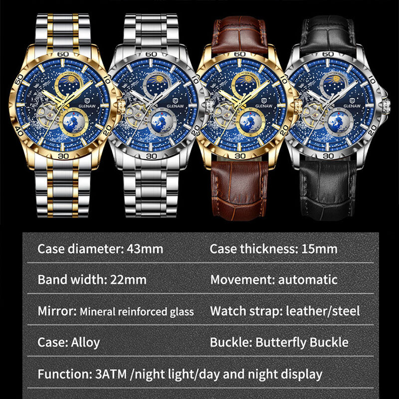 GLENAW-Relógio de pulso masculino rotativo, duplo segundo mão, relógio mecânico automático, céu estrelado, aço inoxidável, pulseira de couro