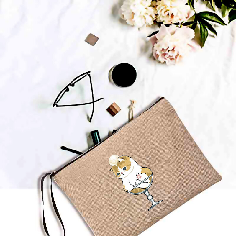 Linen Makeup Bags Cats Print Cosmetic Bag  Bachelorette Clutch Holiday Organizer Case Bridesmaid Gift Organizer for Bags