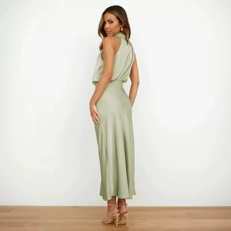 용수철 새틴 민소매 원피스 패션, 연예인 가벼운 이브닝 드레스, 인기 있는 신상, 2024 년 여름