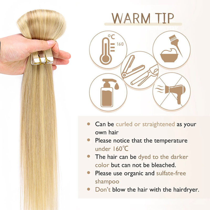 Tape in Hair Extensions Real Human Hair Ash Blonde and Blonde 18/22/60 PU Tape in Human Hair Extensions Ombre Blonde 20/40Pcs
