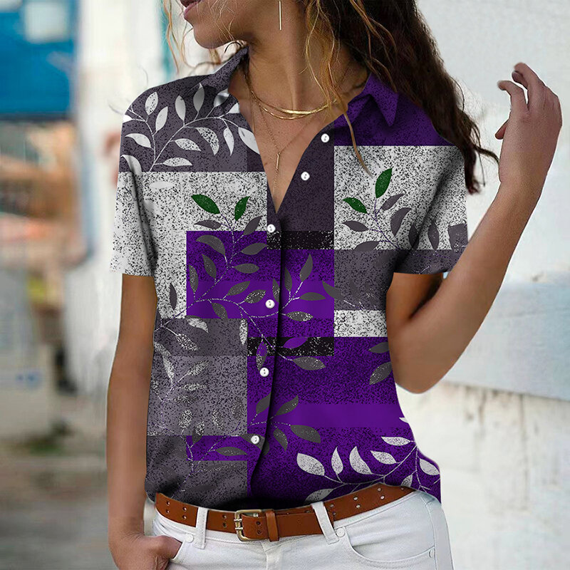 Женская блузка с 3D-принтом в виде листьев, элегантная уличная рубашка в стиле ретро с коротким рукавом, женские летние топы большого размера на пуговицах, свободные рубашки