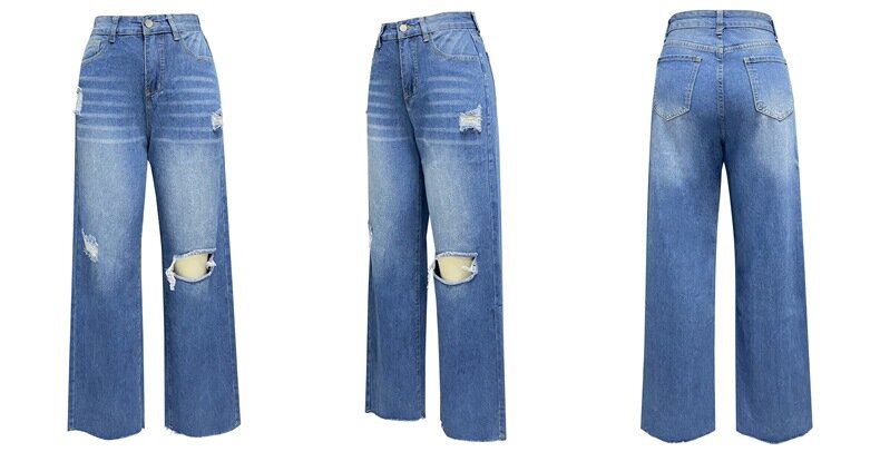 High Waist Women Jeans Wide Leg Pants Straight Long Pant Casual Loose Hole Denim Trousers Button Pocket Capris Y2k 2024 Spring